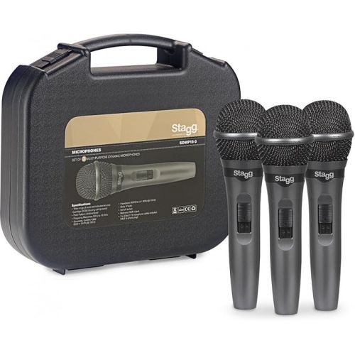 STAGG® SDMP15-3 Paquete de 3 Micrófonos Dinámicos Cardioides para Voz Cable y Estuche